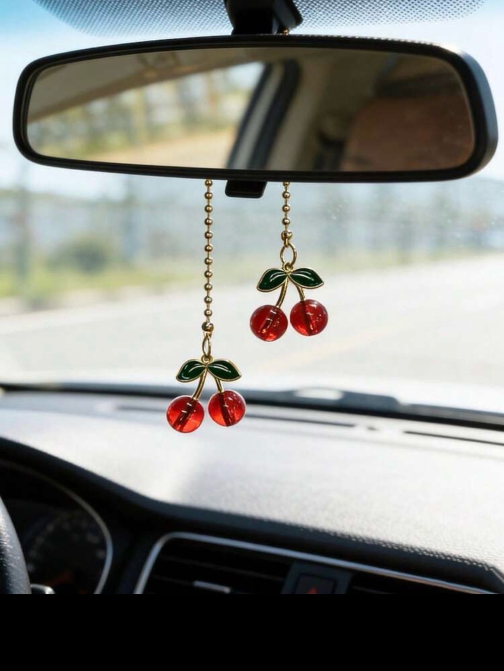 Gold Cherry Dangle Mirror Charm - Red & Green